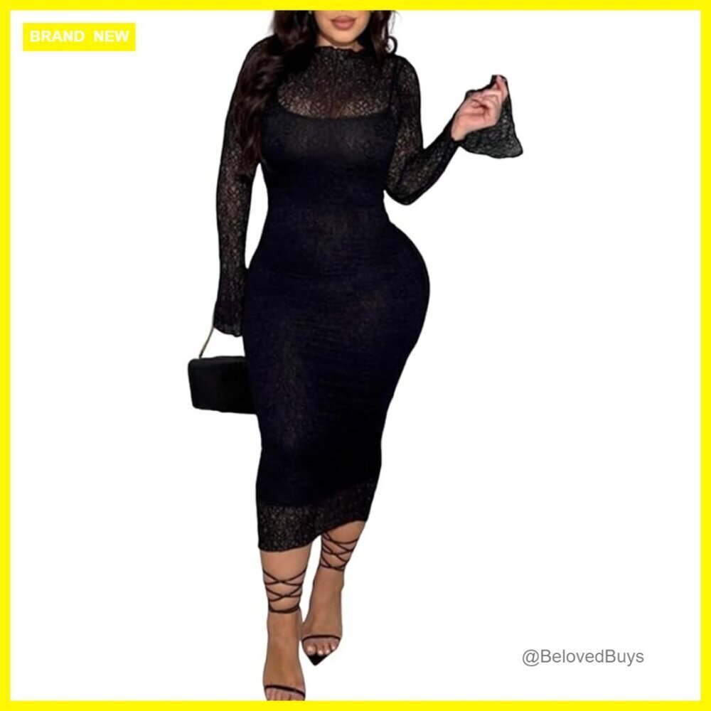 Long Sleeve Lace Bodycon Midi Dress 2-Piece Set Formal Party Wear